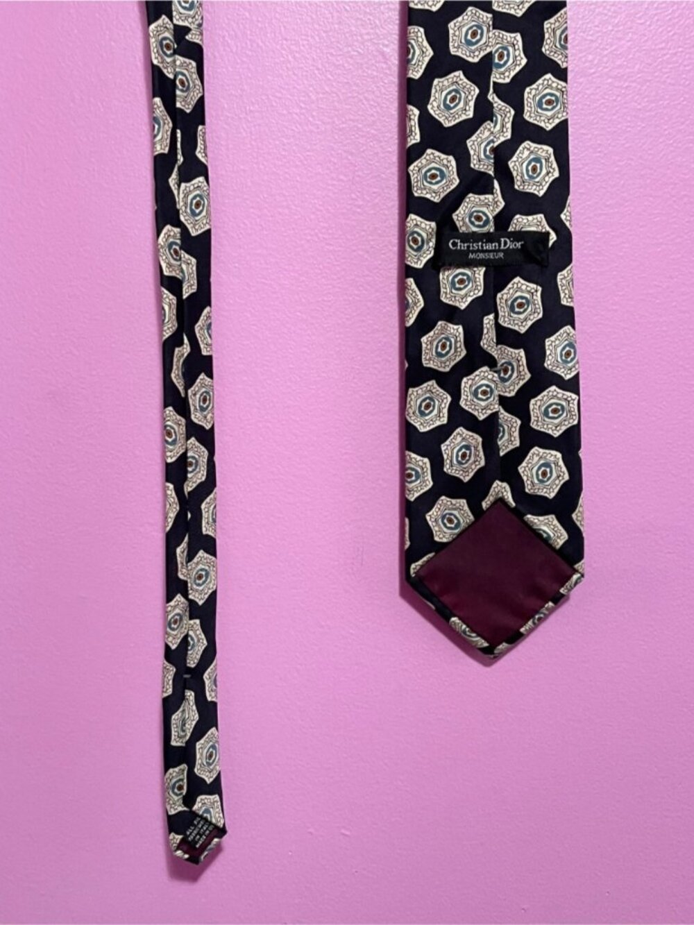Christian Dior Monsieur Vintage Silk Tie Black Beige Teal Necktie Made in USA - Picture 9 of 9
